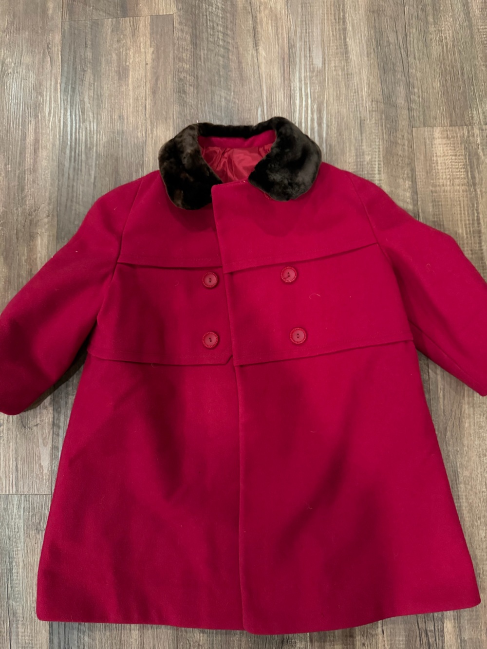 Girls' Rothschild Red Double-Breasted Wool Coat with Faux Fur Collar